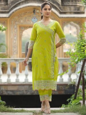 Auvoria Elegant Mustard Chanderi Cotton Embroidered Suit Set
