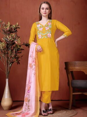 Auvoria Elegant Rayon Chanderi Embroidered Suit Set with Najmeen Dupatta