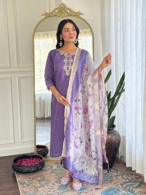 Auvoria Lavender Bloom Rayon Embroidered Suit Set with Jequard Butti Digital Dupatta