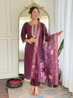 Auvoria Wine Royale Embroidered Rayon Suit Set with Jequard Butti Digital Print Dupatta